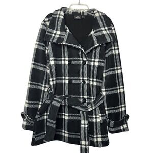 Ike Behar‎ Women Coat M Black White Pea Coat Plaid Belted Pockets Button Preppy